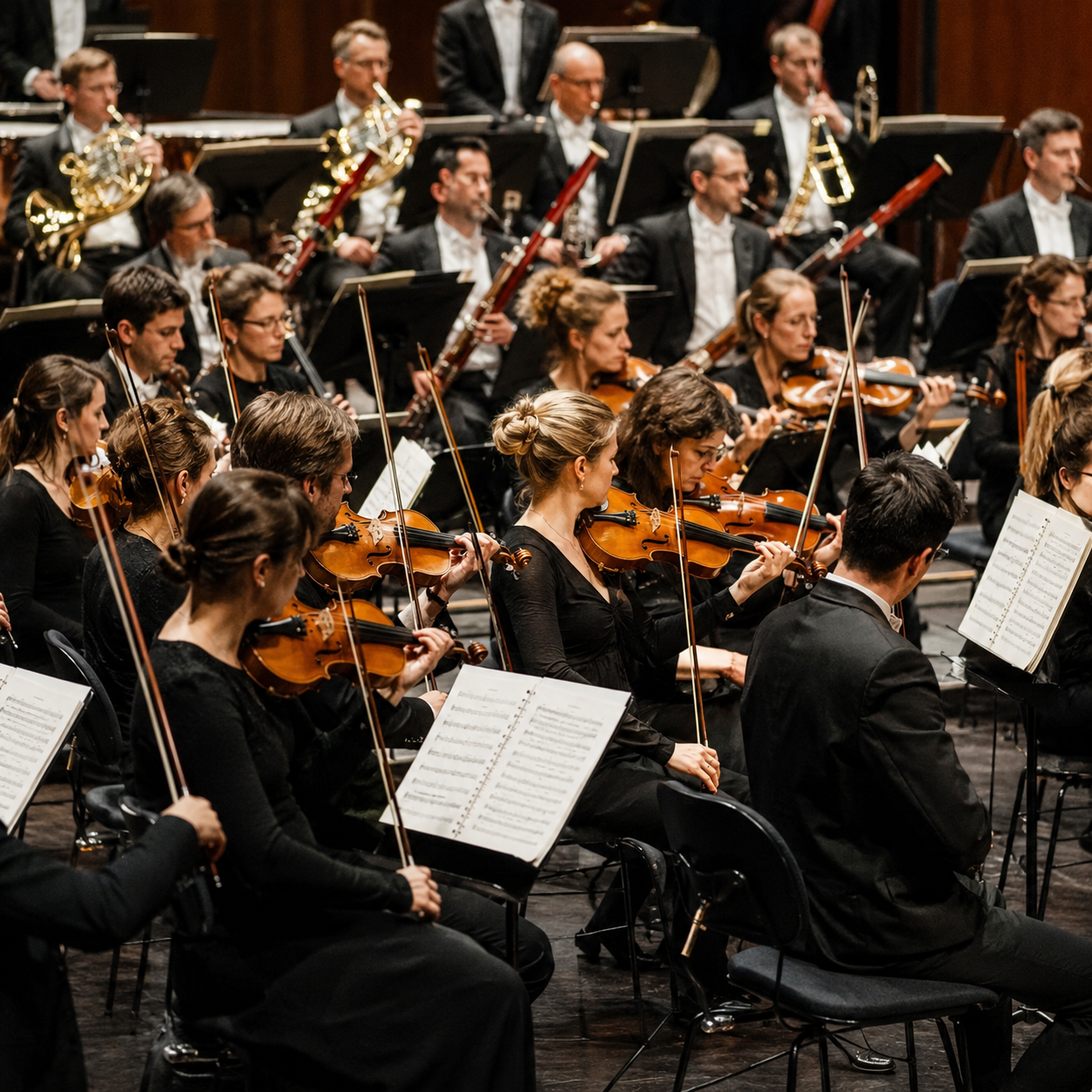 KI-generiertes Symbolbild: Symbolbild: Szene eines großen Orchesters mit Streich- und Blasinstrumenten