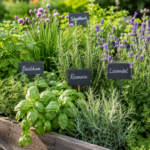 KI-generiertes Symbolbild: Symbolbild: Kräuterbeet mit Basilikum, Rosmarin und Lavendel