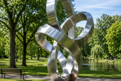 KI-generiertes Symbolbild: Symbolbild: glänzende abstrakte Metallschleife auf einem Sockel in einem Park