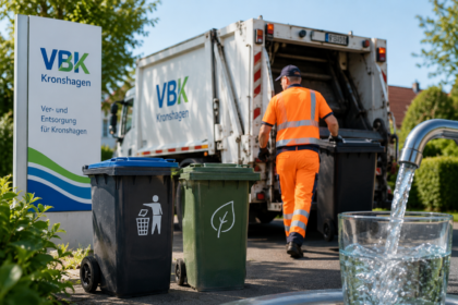 KI-generiertes Symbolbild: Symbolbild: Montage mit Müllfahrzeug, Abfalltonnen und einem Glas Wasser