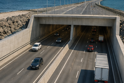 KI-generiertes Symbolbild: Symbolbild: Darstellung einer Tunneleinfahrt an einer Meeresküste mit Fahrzeugverkehr