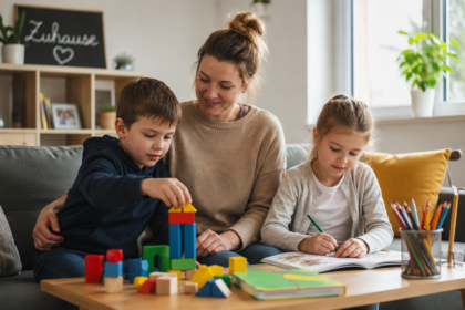 KI-generiertes Symbolbild: Symbolbild: Szene einer erwachsenen Person mit zwei Kindern beim Lernen und Spielen am Tisch