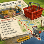 KI-generierte Illustration mit Einkaufskorb, Bauplänen und Hinweisen zu Nahversorgung und Neubau
