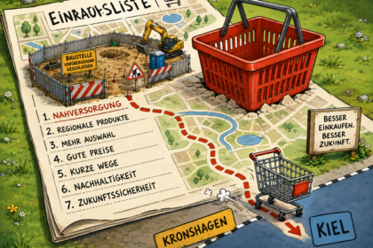 KI-generierte Illustration mit Einkaufskorb, Bauplänen und Hinweisen zu Nahversorgung und Neubau