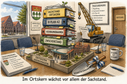KI-generierte Karikatur: Karikatur: Karikatur mit Aktenstapeln, Baukran und Sitzungstisch zum Thema Ortskern und Sachstand