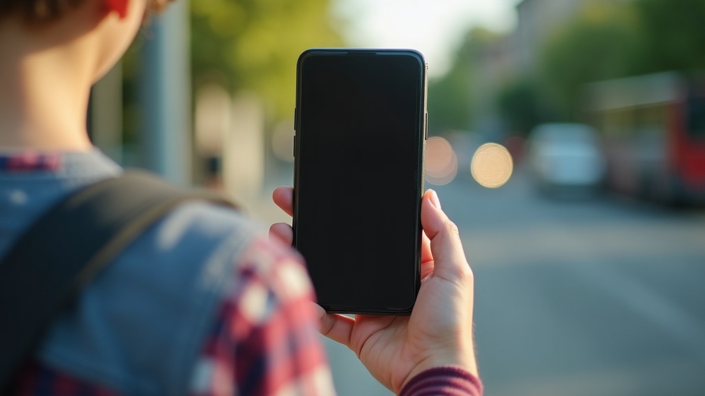KI-generiertes Symbolbild: Symbolbild: Schülerin oder Schüler mit Smartphone an einer Bushaltestelle als Symbolbild für das Bildungsticket