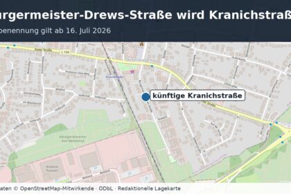 Lagekarte der Bürgermeister-Drews-Straße in Kronshagen, die ab 16. Juli 2026 Kranichstraße heißt