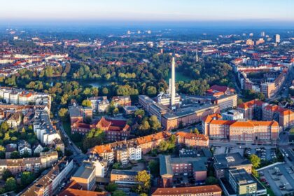 Luftaufnahme des Schrevenparks und angrenzender Kieler Quartiere