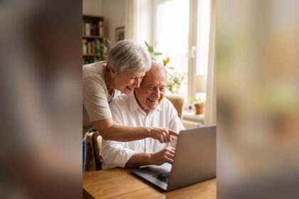 Älteres Paar informiert sich gemeinsam an einem Laptop