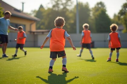KI-generiertes Symbolbild: Symbolbild: Kinder beim Fußballtraining auf einem Kunstrasenplatz als Symbolbild für das Sommerprogramm des TSV Kronshagen