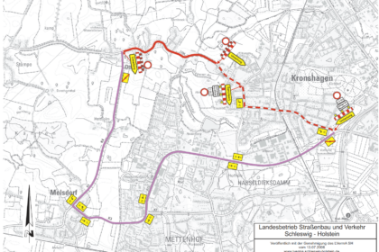 Karte einer zeitlich begrenzten Verkehrsumleitung durch Kronshagen am 13. und 14. Juli 2026
