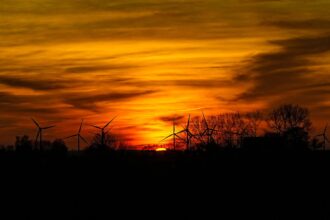 Windkraftanlagen in einer flachen Landschaft bei Sonnenuntergang