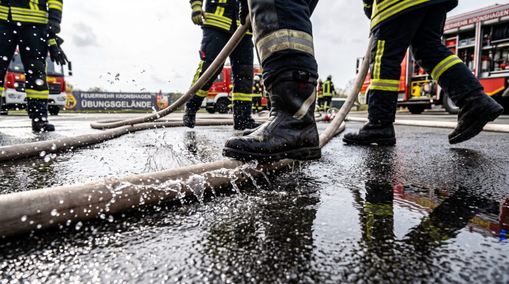Feuerwehrschlauch auf nassem Asphalt
