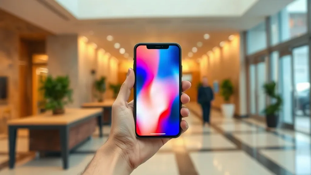 Eine Hand hält ein Smartphone mit einer bunten App-Anzeige, im Hintergrund ein unscharfes Büro