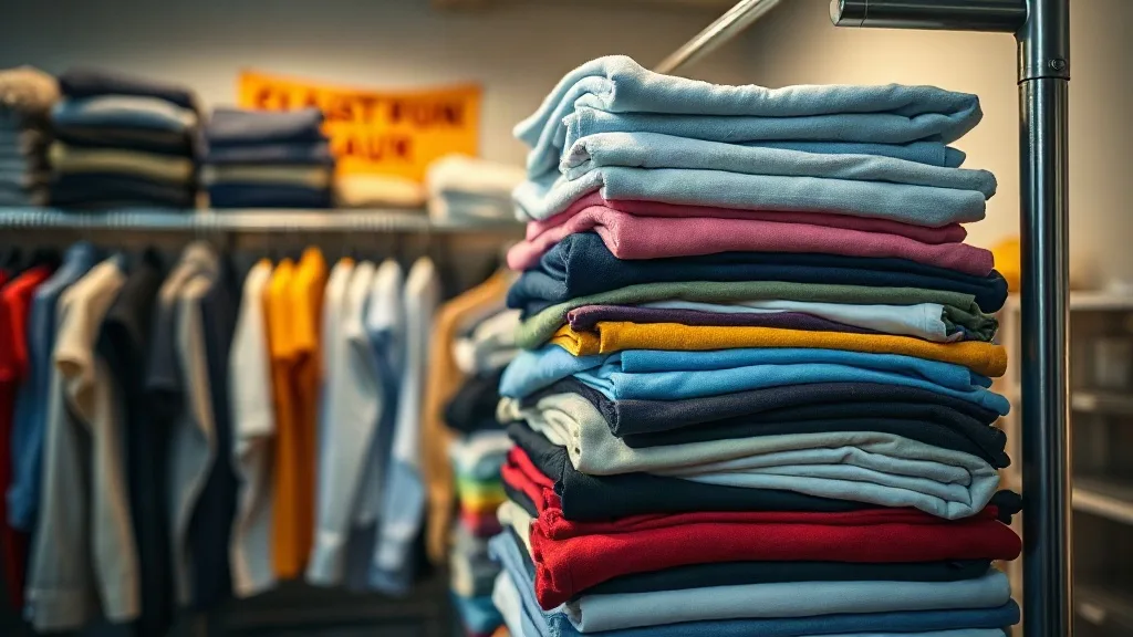 Kleiderständer mit ordentlich gestapelten Second-Hand-Kleidern in einem Spendenladen
