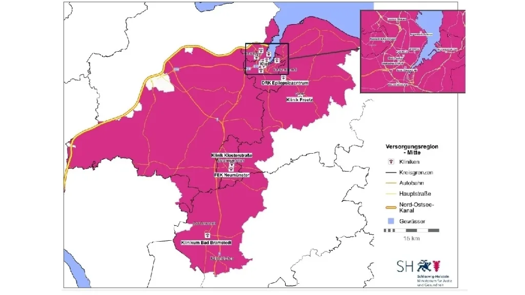 Karte der Versorgungsregion Mitte in Schleswig-Holstein mit den Krankenhausstandorten, dazu gehören der südliche Teil des Kreises Rendsburg-Eckernförde, Teile der Kreise Plön und Segeberg sowie die Städte Kiel und Neumünster.