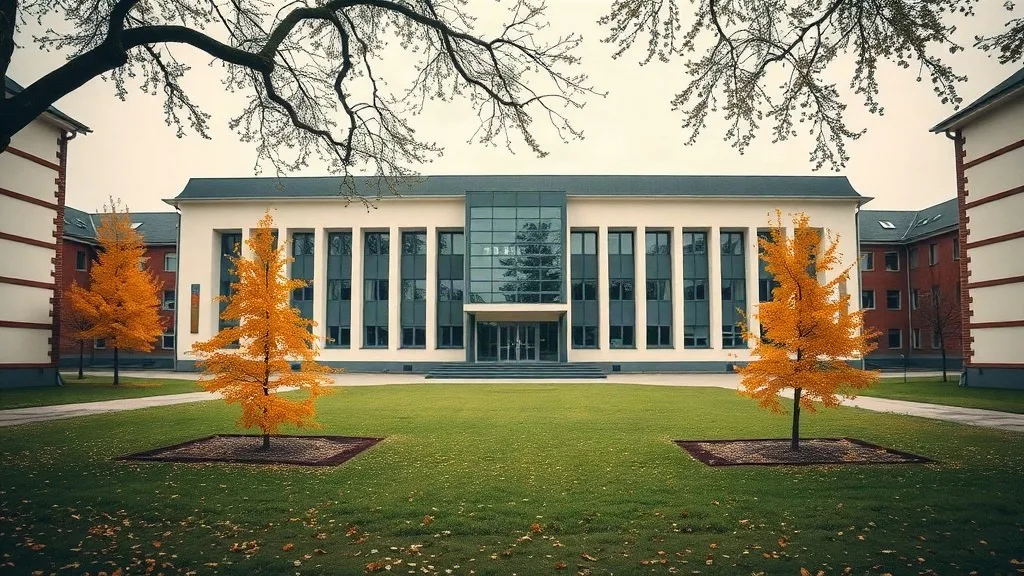 Symbolbild: Sicht auf ein modernes Schulgebäude mit Hof (KI-generiert)